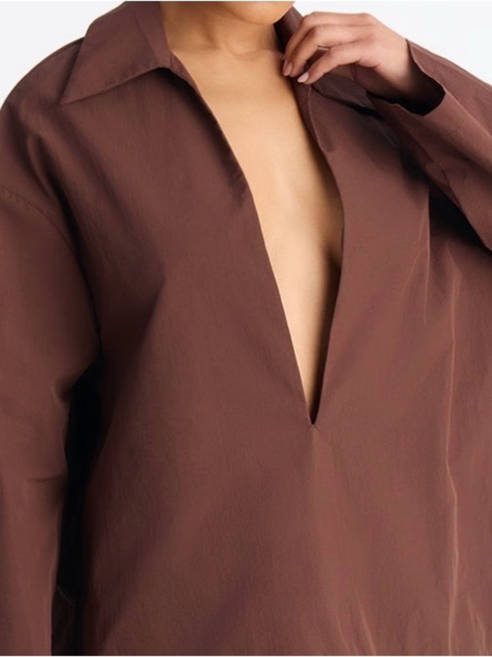 Deep V-Neck Brown Long-Sleeve Tunic Top